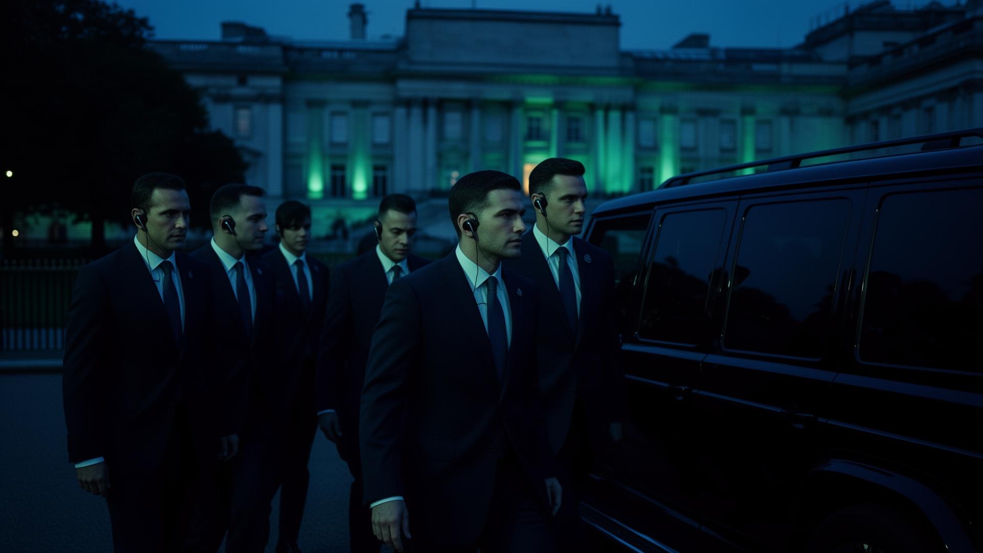 Close-protection detail escorting a principal at dusk