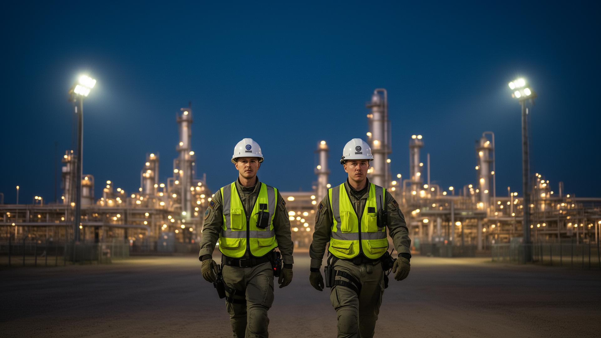 Industrial safety team in tactical gear at an energy facility at dusk