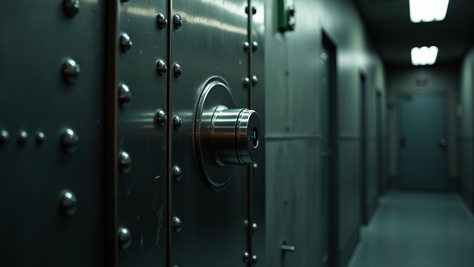 Heavy steel vault door with biometric reader in dim secure corridor
